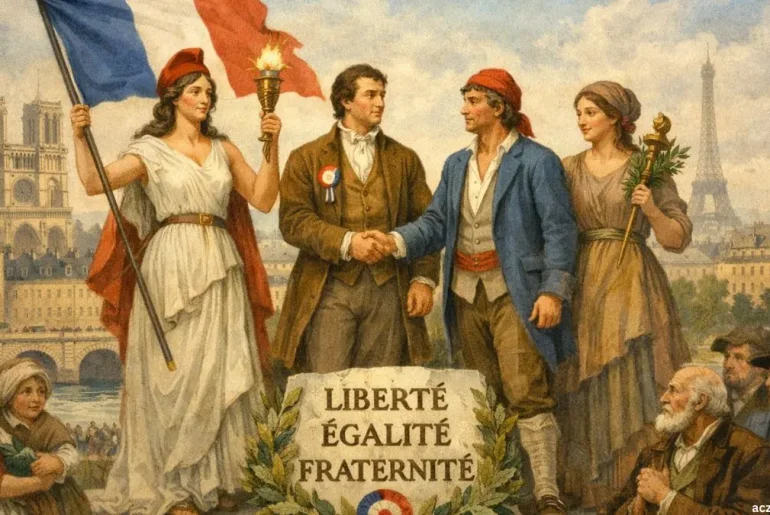 French Revolution 1789 illustration representing liberty equality and fraternity