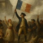 AI generated image of French Revolution 1789 uprising in Paris with citizens waving the French flag and demanding liberty