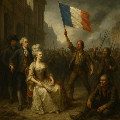 AI generated image of French Revolution scene of 1789 with common people protesting against the monarchy while a noblewoman and aristocrats face the angry crowd
