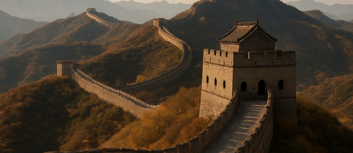 AI generated image of The Great Wall of China stretching across mountains, showcasing ancient engineering and cultural heritage