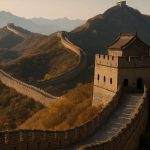 AI generated image of The Great Wall of China stretching across mountains, showcasing ancient engineering and cultural heritage