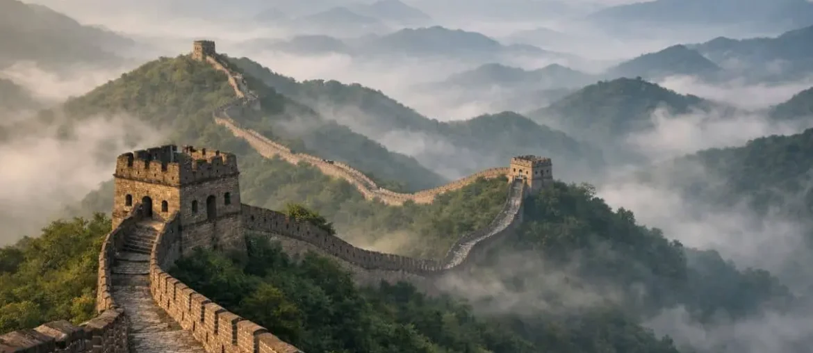 Great Wall of China stretching across mountain landscape in early morning light