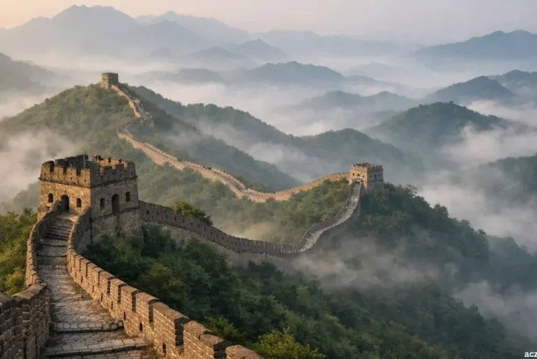 Great Wall of China stretching across mountain landscape in early morning light