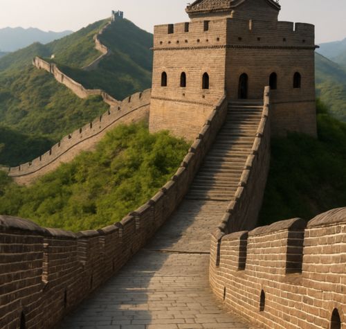 AI generated image of A scenic view of the Great Wall of China built during the Ming Dynasty, featuring a watchtower and stone pathway stretching across green mountains