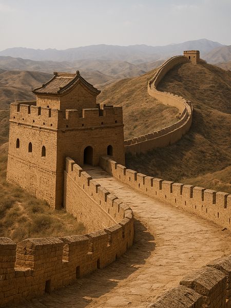 AI generated of Great Wall of China during Qin Dynasty built under Emperor Qin Shi Huang with compacted earth and watchtowers