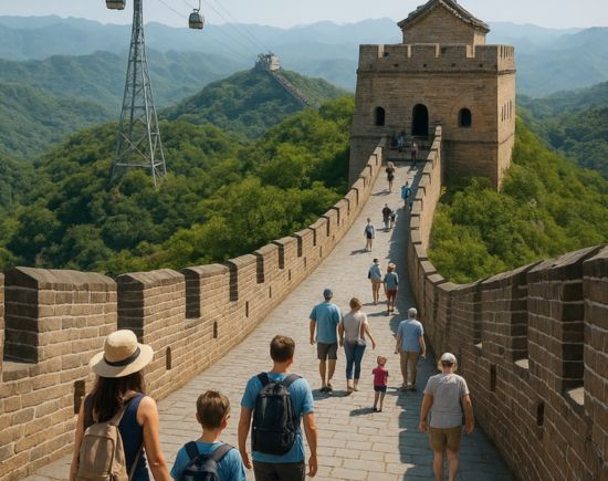 AI generated image of Visitors walking along the Great Wall of China near a watchtower with cable cars and scenic mountain views in the background
