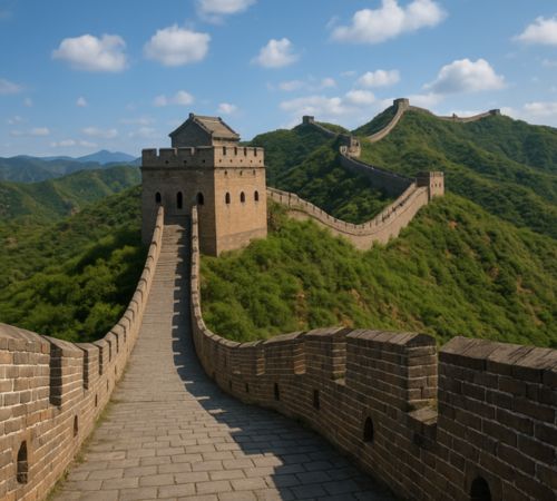 AI generated image of The Great Wall of China winding across green hills, designated as a UNESCO World Heritage Site in 1987