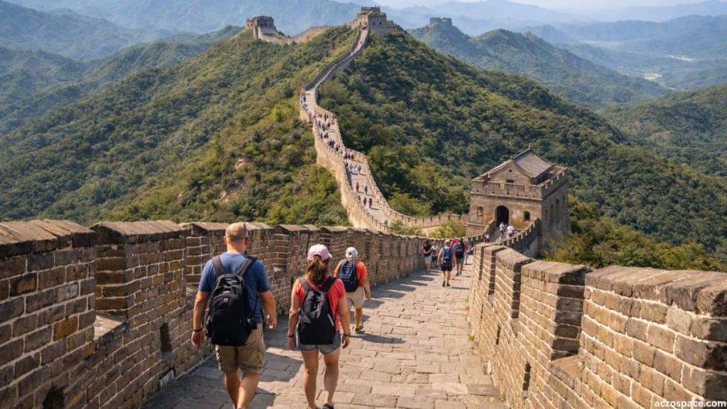 Visitors exploring the Great Wall of China at a popular tourist section