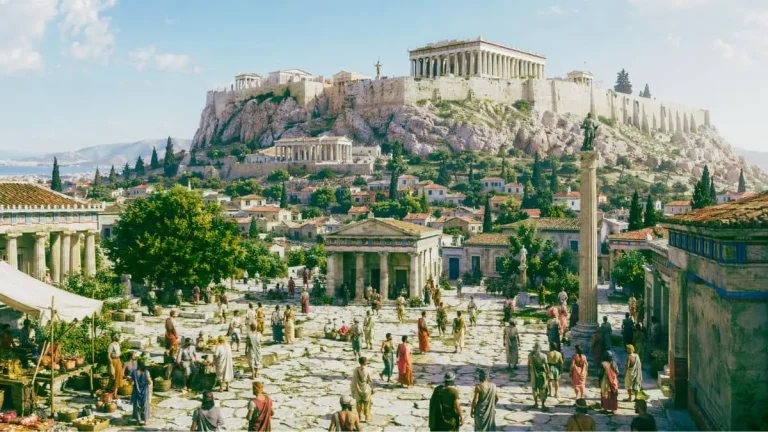 Greek Democracy Origins in ancient Athens city landscape with Acropolis