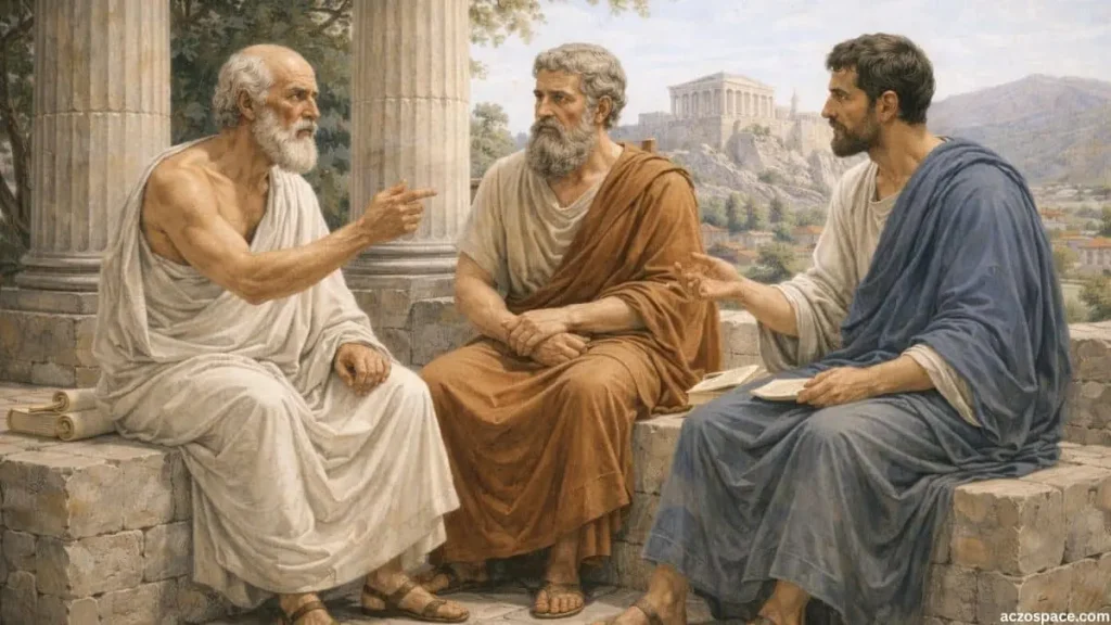 Greek philosophers discussing political ideas in ancient Greece