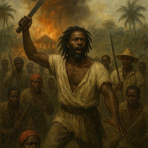 AI generated image of Realistic historical painting of Dutty Boukman leading enslaved people during the Bois Caïman uprising in 1791, marking the beginning of the Haitian Revolution