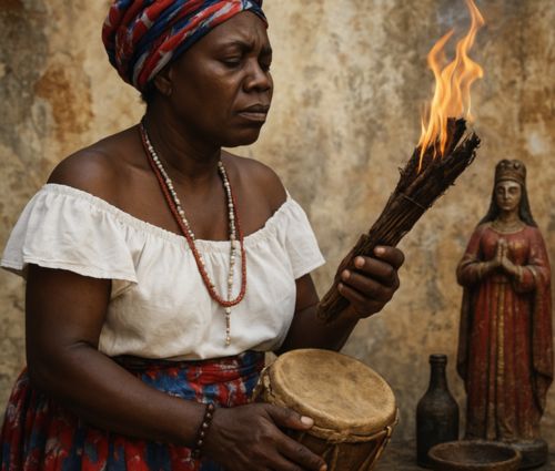 AI generated image of Haitian woman performing a Vodou ritual with drum and fire, symbolizing resilience and unity during the Haitian Revolution