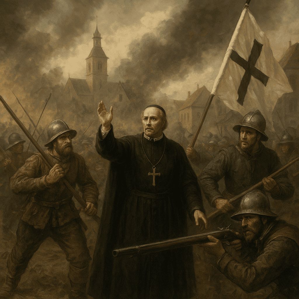 AI generated image of Realistic oil painting of the Thirty Years’ War showing soldiers and a priest amid battle, symbolizing religious conflict between Protestants and Catholics in 17th-century Europe
