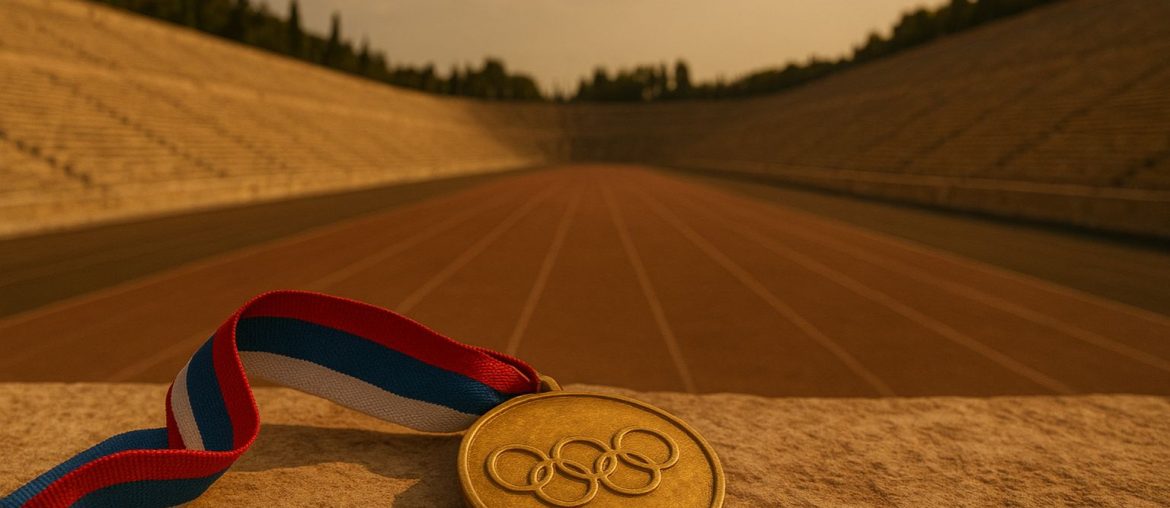 The History of the Olympic Games: From Ancient Greece to Modern Glory AI generated image of Golden Olympic medal resting on stone at ancient Greek stadium under warm sunlight