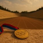 AI generated image of Golden Olympic medal resting on stone at ancient Greek stadium under warm sunlight