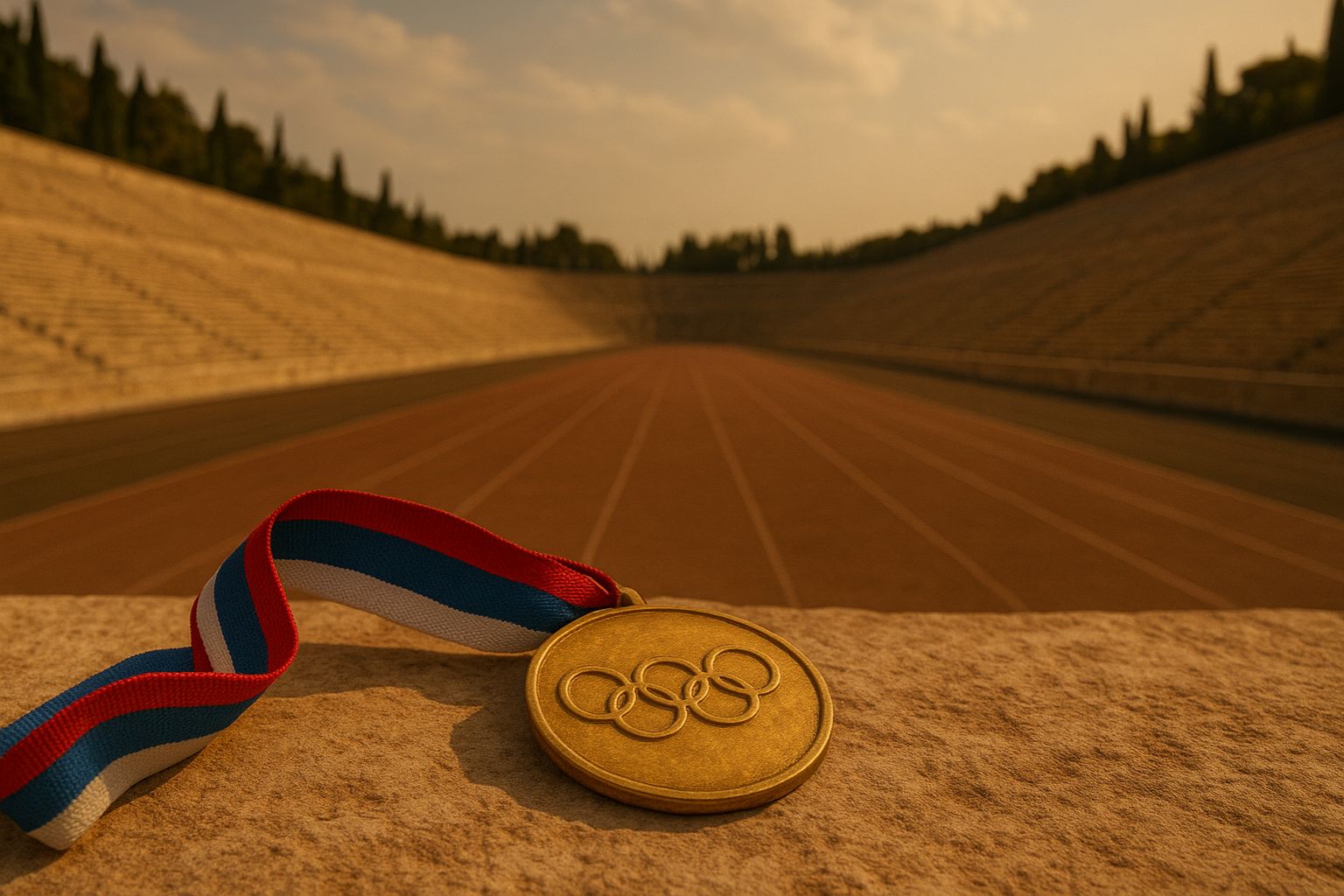 The History of the Olympic Games: From Ancient Greece to Modern Glory AI generated image of Golden Olympic medal resting on stone at ancient Greek stadium under warm sunlight