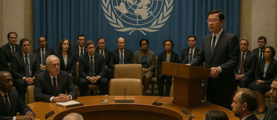 AI generated image of Delegates addressing a United Nations conference discussing global peace and international cooperation