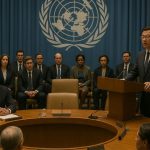 AI generated image of Delegates addressing a United Nations conference discussing global peace and international cooperation