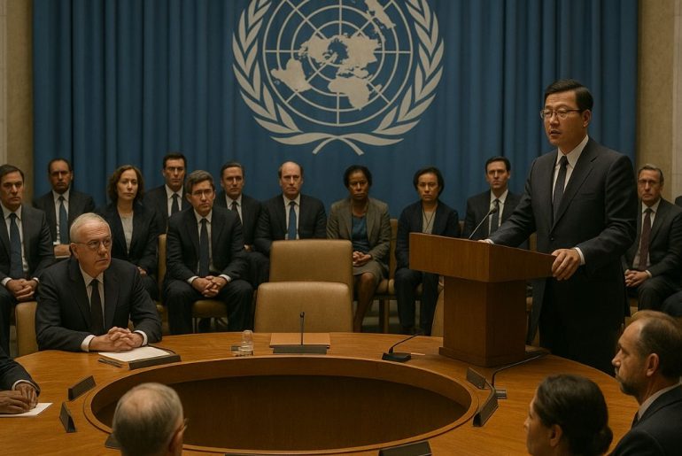 AI generated image of Delegates addressing a United Nations conference discussing global peace and international cooperation