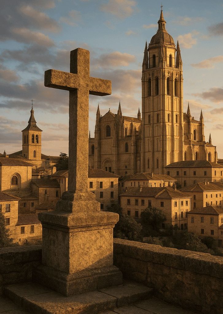 AI generated image of Stone cross overlooking a historic European city with a grand Gothic cathedral at sunset, symbolizing Europe’s Christian heritage