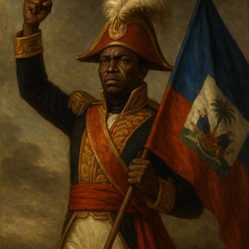 AI generated image of Realistic portrait of Jean-Jacques Dessalines proclaiming Haiti’s independence on January 1, 1804, holding the Haitian flag as the first Black emperor of the Americas
