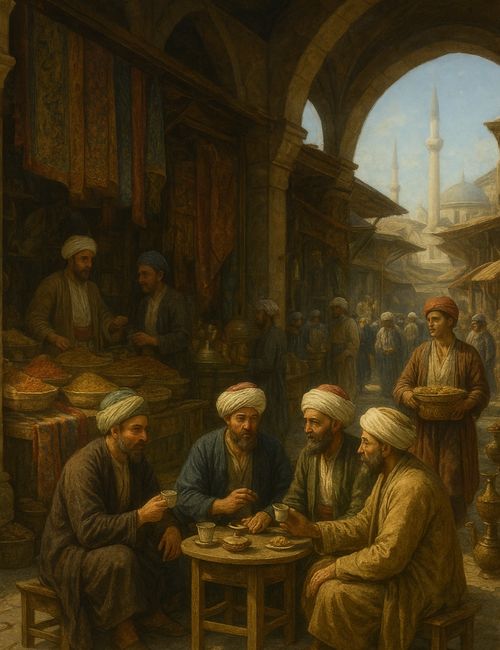 AI generated image ofRealistic painting of daily life in the Ottoman Empire showing a bustling marketplace with merchants, spices, textiles, and men enjoying coffee in a traditional coffeehouse