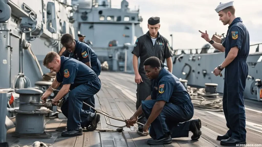 Royal Navy sailors performing daily duties and training on board a ship