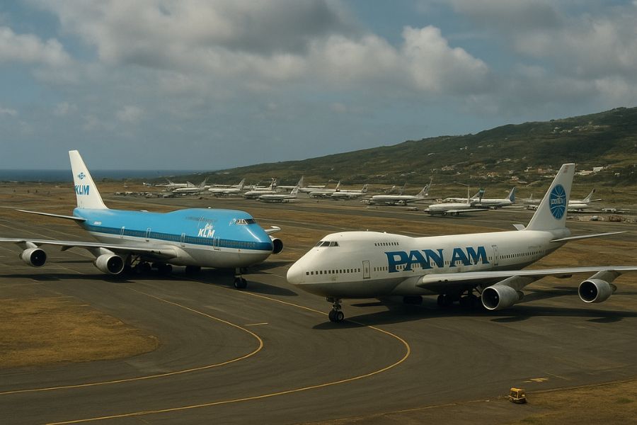 AI generated image of KLM and Pan Am Boeing 747 aircraft at Los Rodeos Airport Tenerife 1977