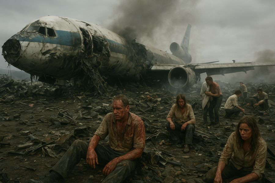 AI generated image of Aftermath of the Tenerife Airport Disaster showing plane wreckage and injured survivors at Los Rodeos Airport