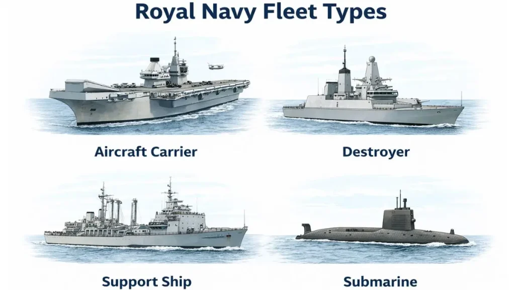 Modern Royal Navy fleet structure including aircraft carriers, destroyers, and submarines