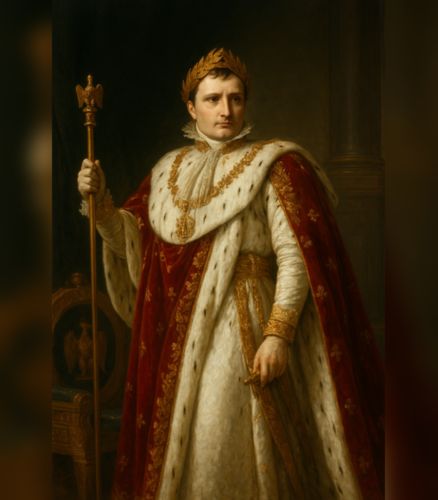 Ai generated image of Realistic neoclassical portrait of Napoleon Bonaparte in imperial robes, holding a golden scepter after declaring himself Emperor
