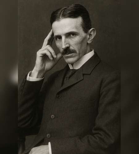 AI generated image of Nikola Tesla portrait showing his eccentric personality and genius inventor lifestyle
