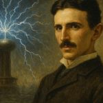 AI generated image of Portrait of Nikola Tesla with electric sparks and inventions symbolizing his groundbreaking work in electricity and innovation