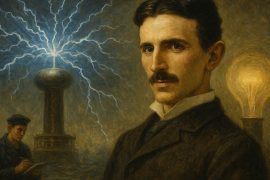 AI generated image of Portrait of Nikola Tesla with electric sparks and inventions symbolizing his groundbreaking work in electricity and innovation