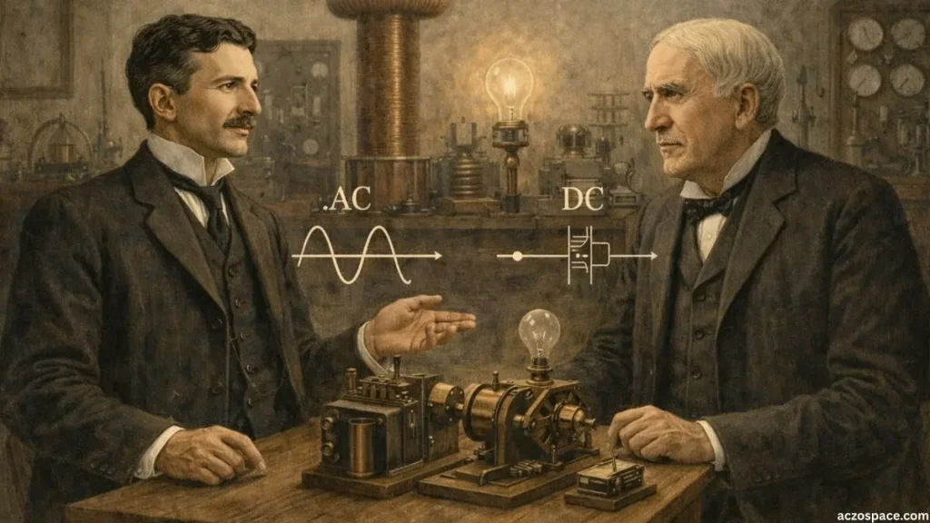 Nikola Tesla and Thomas Edison during the AC and DC electricity debate