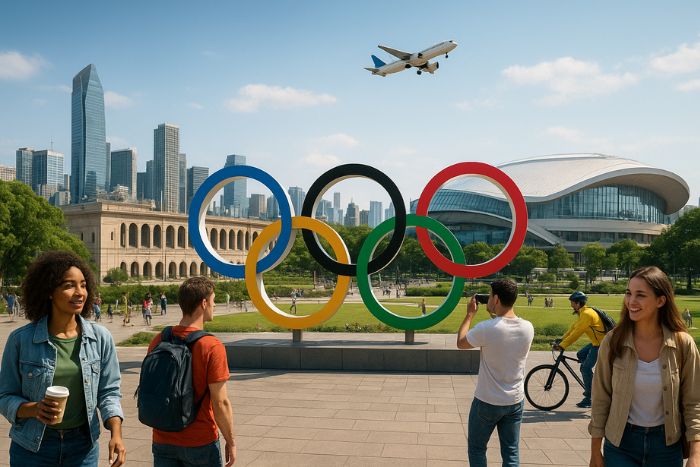 AI generated image of People visiting an Olympic city with the iconic Olympic rings, symbolizing the cultural, social, and economic impact of hosting the Games