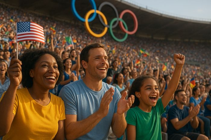 AI generated image of Diverse crowd celebrating at the Olympic Games, symbolizing global unity, pride, and inspiration