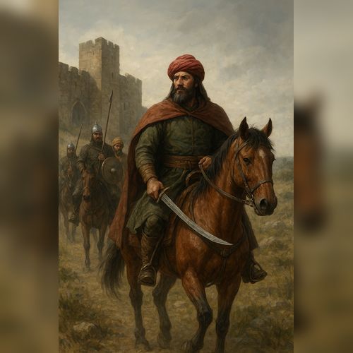 AI generated image of Realistic painting of Osman I, the founder of the Ottoman Empire, leading his warriors on horseback near a Byzantine fortress in Anatolia