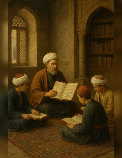 AI generated image of Ottoman teacher with students studying manuscripts in a madrasa, highlighting the value of education, libraries, and knowledge preservation in the Islamic world