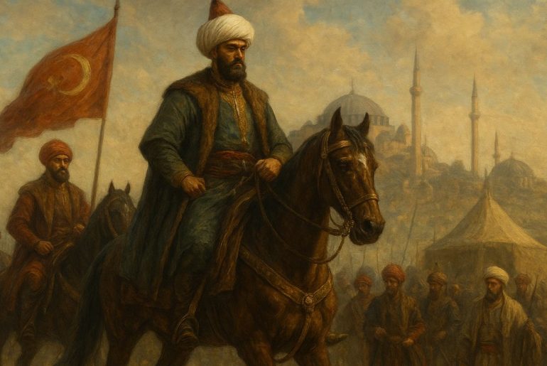 Ottoman Empire: Rise from Principality to Power AI generated iamge of Ottoman soldiers and a leader on horseback symbolizing the rise of the Ottoman Empire from a small principality to a powerful empire