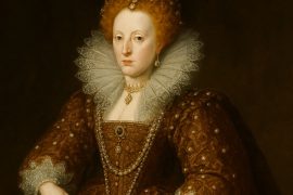 AI generated image of Portrait of Queen Elizabeth I of England wearing a royal gown and pearls