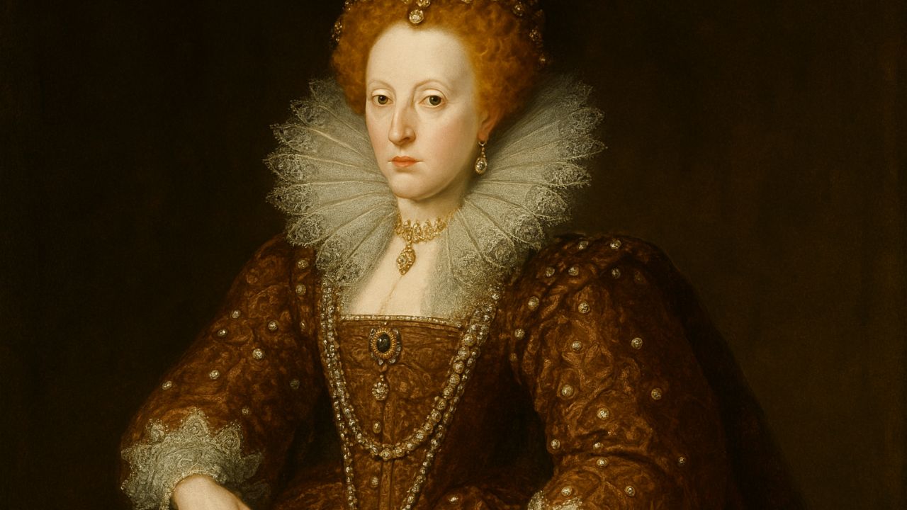Queen Elizabeth I: England’s Influential Virgin Queen AI generated image of Portrait of Queen Elizabeth I of England wearing a royal gown and pearls