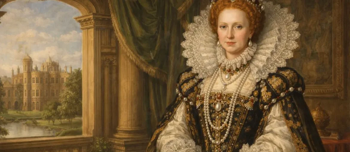 Portrait illustration of Queen Elizabeth I of England in Elizabethan royal attire