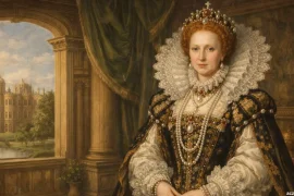 Portrait illustration of Queen Elizabeth I of England in Elizabethan royal attire