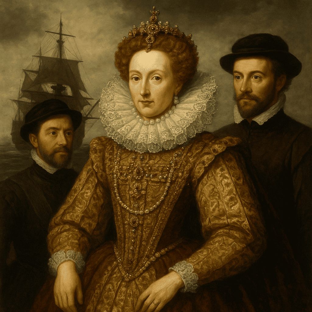 AI generated image of Queen Elizabeth I with explorers Francis Drake and Walter Raleigh symbolizing England's Tudor era maritime expansion and overseas colonization ambitions