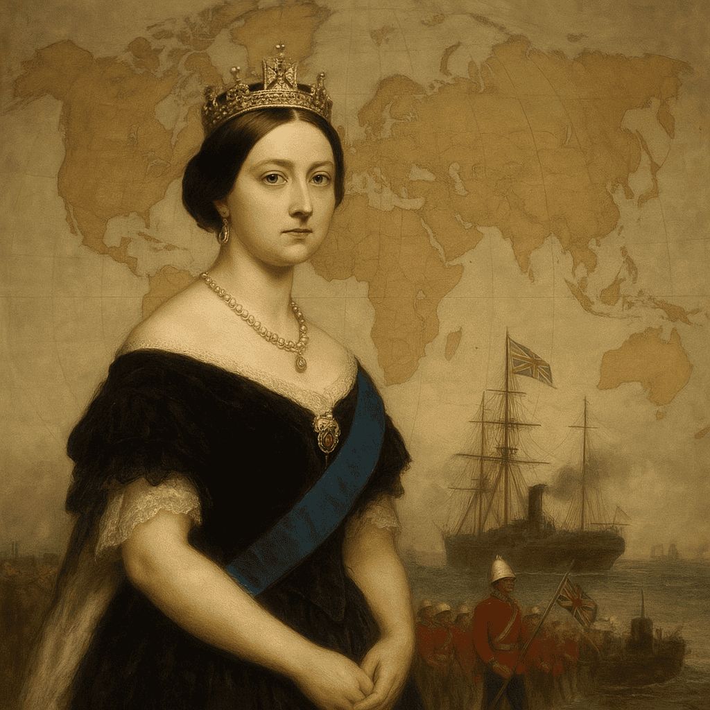 AI generated illustration of Queen Victoria during the 19th century with a world map and British Empire naval power symbolizing Pax Britannica