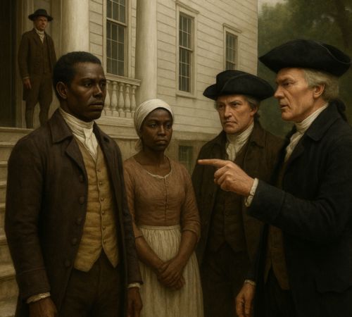 AI generated image of A realistic historical painting showing free people of color facing discrimination from white colonists during the colonial era