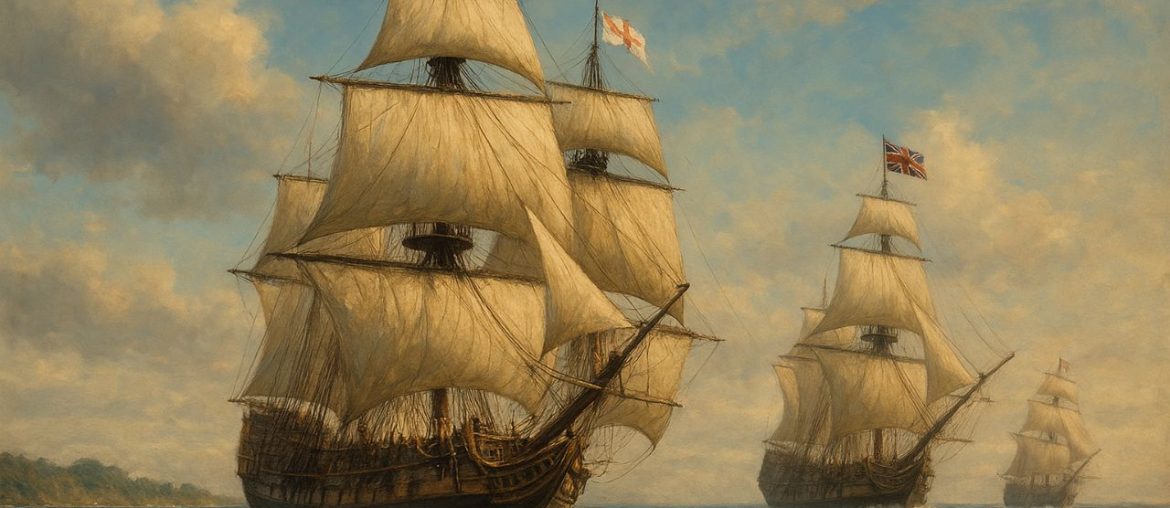 AI generated image of British Empire ships sailing during the Age of Exploration under the Union Jack