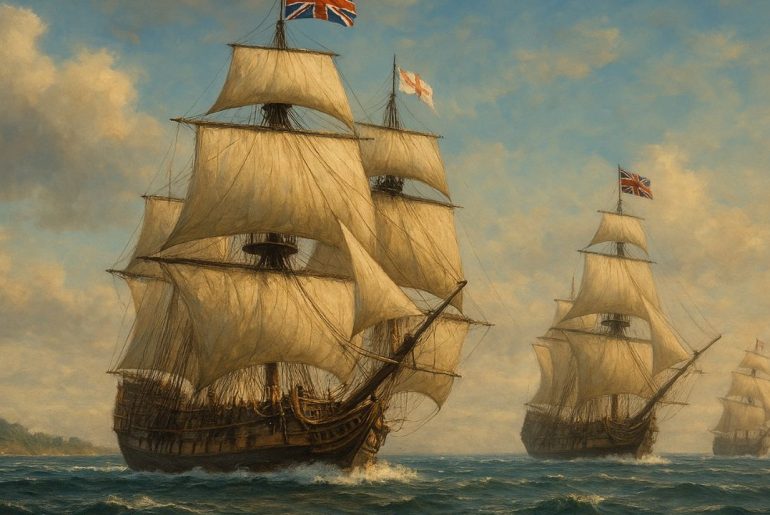 AI generated image of British Empire ships sailing during the Age of Exploration under the Union Jack