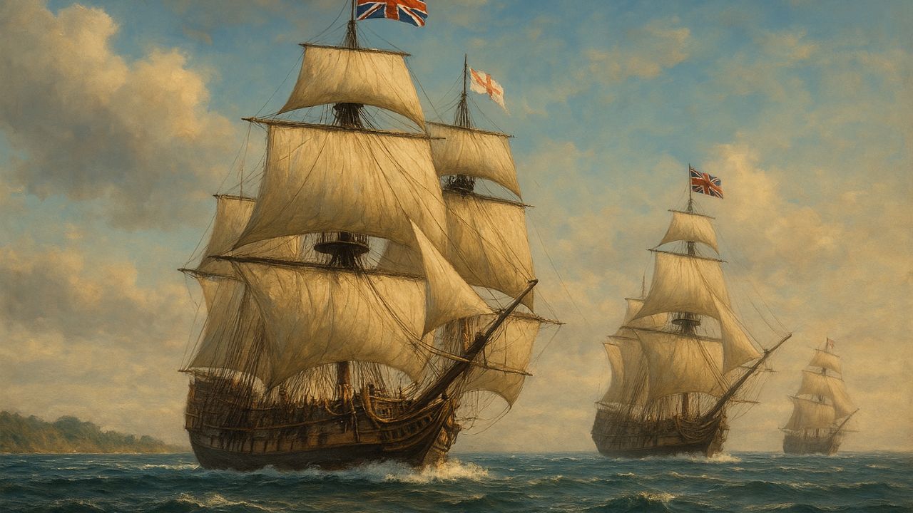 Rise of the British Empire: Exploration to Power AI generated image of British Empire ships sailing during the Age of Exploration under the Union Jack